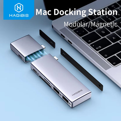 Hagibis USB-C Hub for MacBook Pro/Air – Dual Type-C, 4K HDMI, USB 3.0, RJ45, PD, and SD/TF Adapter