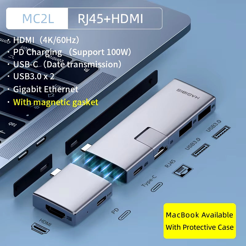 Hagibis USB-C Hub for MacBook Pro/Air – Dual Type-C, 4K HDMI, USB 3.0, RJ45, PD, and SD/TF Adapter